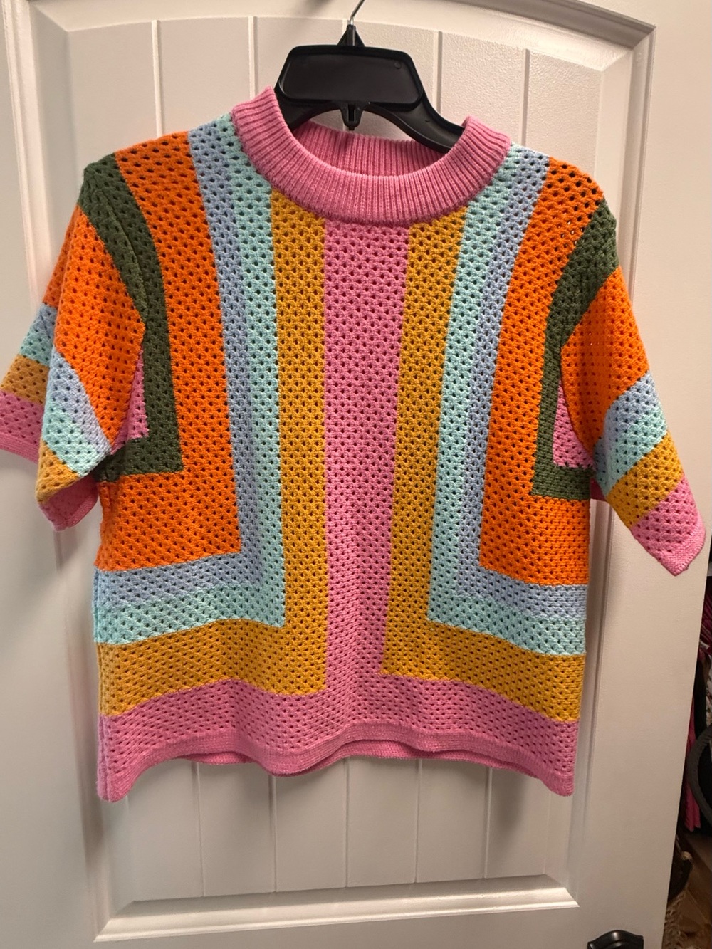THML ZhiHiMeRi orange colorblock eyelet knit sweater crochet size small NWOT - Picture 3 of 8